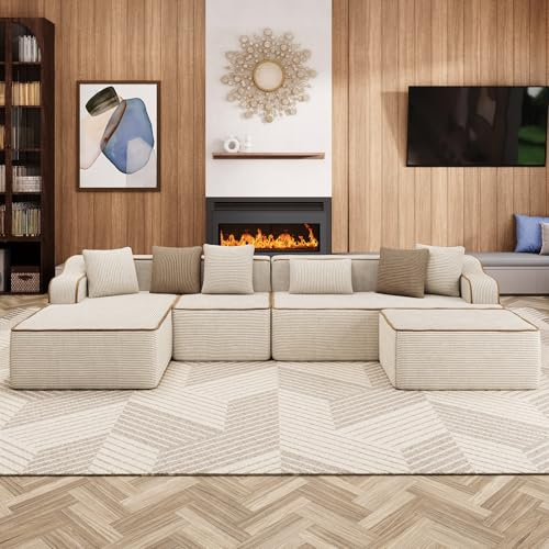ALPHA HOME Ecksofa mit Schlaffunktion, U-Form Boneless Couch, Modulares Sofa mit 6 Zierkissen für das Wohnzimmer, Montagefrei, Cord, Beige