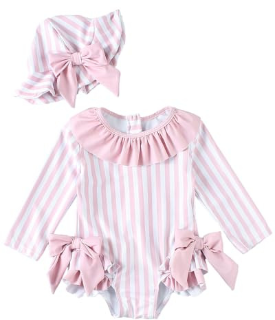 JiAmy Traje de baño de bebé niña con sombrero de sol manga larga protección UV traje de baño para bebé niña traje de baño traje de baño, Rosa., 18-24 meses