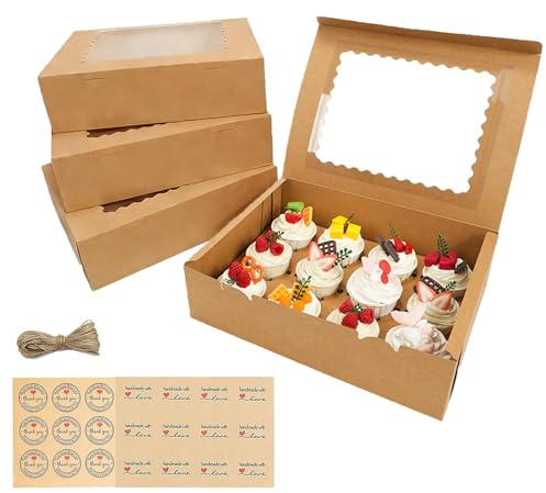 DBAATTZ Scatola per il Trasporto di Cupcake, 10 pezzi Scatola per Cupcake 12 Fori, Scatole per Cupcake con Finestra e Inserti, Riutilizzabile 12 Fori Scatola di Cartone Marrone