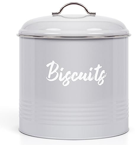 Ehc Round Biscuit Cookie Tin Grey, Kitchen Food Barrel Storage Box, Airtight Lids Easy to Open - Storage Tin for Biscuit, Cookies Jars, 3 Litres