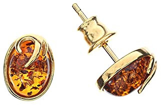 Bernstein Ohrringe, kleine ovale Ohrstecker mit Bernstein von Artisana-Schmuck, Fassung 925/000 Sterling Silber vergoldet