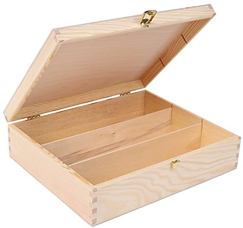 Creative Deco Weinkiste Holzkiste | Wein-box für 3 Flaschen mit Deckel und Verschluss | 35,1 x 30 x 10 cm | für Decoupage, Weihnachten, Dekoration, als Geschenk | aus Natürliches Kiefern-Holz