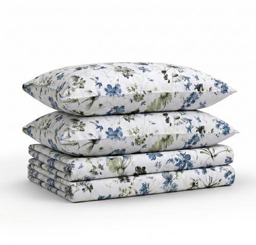Tribeca Living Completo lenzuola Full Size 300 fili in morbido rasatello di cotone, stampa floreale con tasche extra profonde, set di biancheria da letto 4 pezzi, blu amalfi blu/multicolore