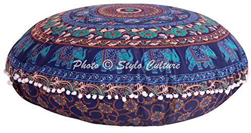 Stylo Culture Cuscini Yoga Etnici Per Sedersi Sul Pavimento Indiano Mandala Cuscino Da Terra Copri Blu Scuro 32x32 Cm Grande Decorazione Rotonda Seduta Copri Pouf Poggiapiedi Cotone Elefante 1 Pz