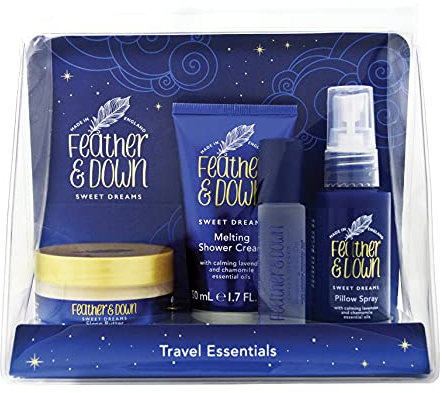 Feather & Down Travel Essentials Gift Set (Pillow Spray, Melting Shower Cream, Sleep Butter & Relaxing Roll-On) - Infused with Lavender & Chamomile Essential Oils. Vegan Friendly & Cruelty Free.