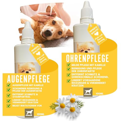 EMMA Ohrenreiniger Hund & Augentropfen Hund - Ohrentropfen für Hunde - Erste Hilfe Set Hunde - Ohr Reinigung gegen Juckreiz & Schutz - Ohrenpflege Ohrreiniger Tränenflecken Hund entfernen 2x100ml