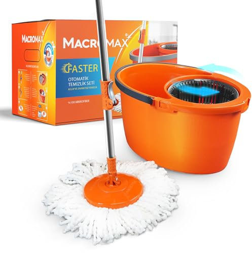 Macromax - Set di pulizia con mocio rotante automatico, 16 l, 100% microfibra, manico telescopico, lavaggio automatico e cestello rimovibile per asciugare, realizzato al 90% in materiale riciclabile