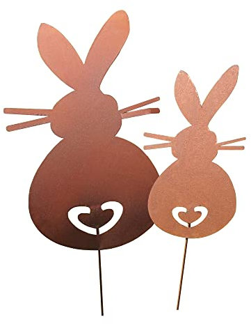 UNUS Garden Conigli da giardino, set da 2 pezzi, decorazione pasquale per esterni, coniglietti pasquali, decorazione da giardino, effetto ruggine, spina in metallo arrugginito