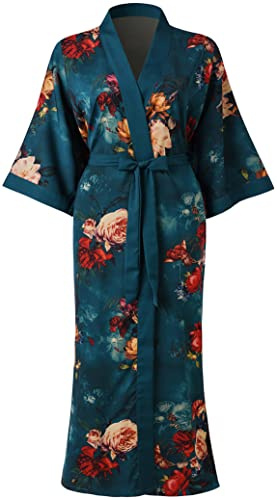 Ledamon Robe kimono longue pour femme - Grande taille - Avec poche florale - Chemise de nuit, vert foncé, taille unique