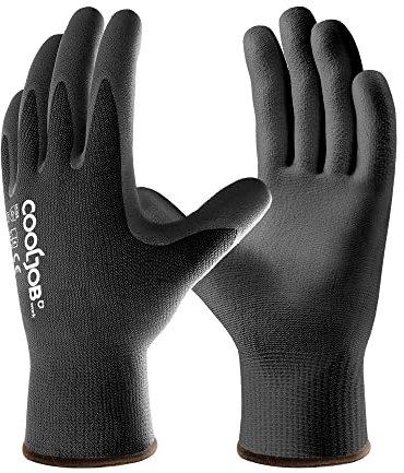 COOLJOB 12 Paar Arbeitshandschuhe EN 388 Größe 8/M - Leichte & Atmungsaktive PU-Handschuhe für Industrie, Bau & Handwerk (Rutschfest, Ölfester) - Gartenhandschuhe Herren & Damen, Schwarz