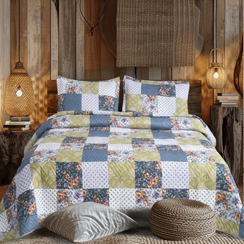 Hadi London Lot de 3 couvre-lits matelassés en patchwork avec 2 taies d'oreiller | Imprimé floral réversible | Couette légère et confortable | Pour lits doubles et king size 220 x 240 cm | 30 designs