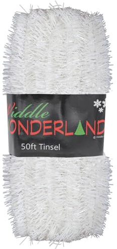 Widdle Gifts 50ft x 3cm White Tinsel Extra Long 15 Metre Christmas Decoration, Crafting, Christmas Trees and party Decorations (White)