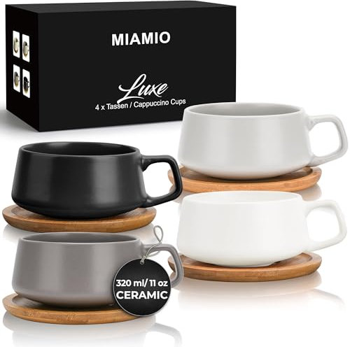 MIAMIO - 4 x 320 ml tazas de café/juego de taza y platillo/elegantes y modernas tazas de café en cerámica gres – Juego de 4 pzas de colección de lujo - Luxe Collection (Pastel Classique)