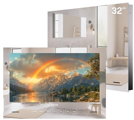 SYLVOX 32 Pollici Specchio TV, Smart Google Television 1080P FHD 500 Nits Mirror Montaggio Integrato Design Televisore IP65 impermeabile, DVB-C/T2/S2 | WiFi, Bluetooth, per Doccia, Bagno