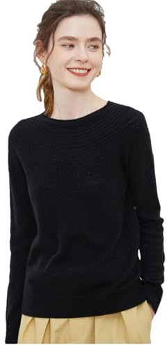 Vsadsau Donna 100% Lana Merino Maglione Autunno Inverno Svuotato Maglione Tops Casual Girocollo Pullover, Nero , M