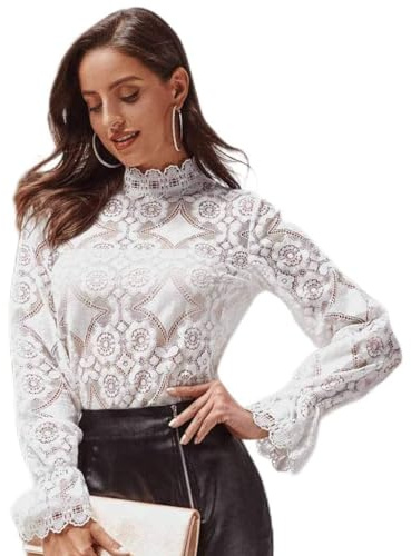 Camicia da donna bianca con colletto alto, camicia da donna in pizzo, a maniche lunghe, elegante, casual, a maniche lunghe, in pizzo