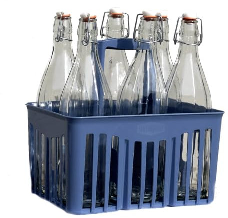 SET 6 PZ BOTTIGLIE VETRO 1 LITRO PER ACQUA VINO LIMONCELLO LIQUORE DRINK CON PORTABOTTIGLIE IN PLASTICA - BOTTIGLIE ACQUA IN VETRO 1 L CON CESTELLO PORTABOTTIGLIE PLASTICA BLU COBALTO