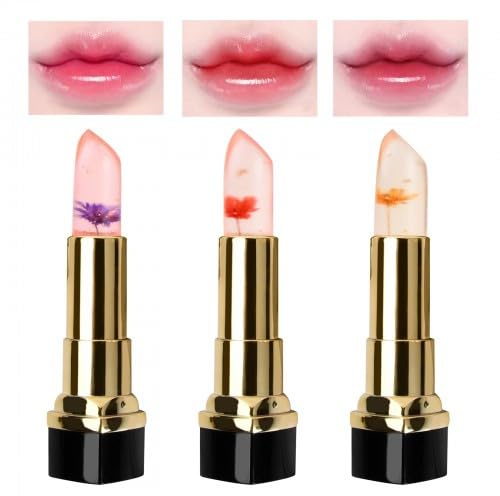 3 StüCk Kristall Blumengelee Lippenstift Set, Farbwechselnder mit Temperaturwechsel, 24 Stunden Halt NatüRlich Pflegend Lipgloss MäDchen