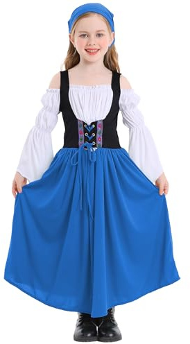 SEAUR - Girls Oktoberfest Outfit Kids Bavarian Dirndl Dresse Medieval Dress Childs Princess Renaissance Dress Victorian Village Dress Girdle Skirt Long Sleeve 10-12 Years Blue