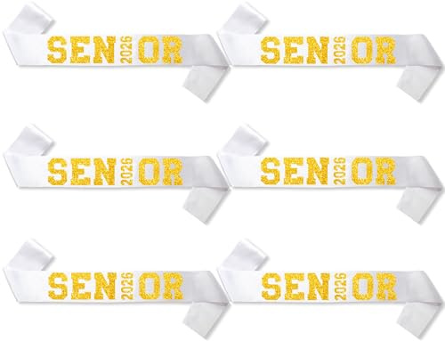 6Pcs White Senior 2026 Satin Sashes with Gold Glitter Letters Senior 2026 Decorations - 2026 Graduation Celebrations Sashes - Senior Cheer Sash - Cheerleader Sash - Class Competition Sashes