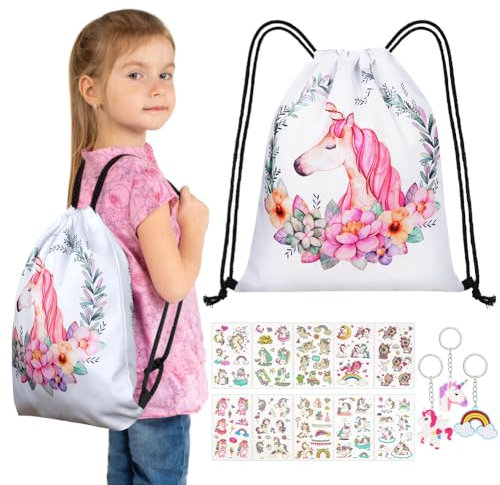 URAQT Turnbeutel Kindergarten, Einhorn Unicorn Turnbeutel Rucksack, Kids Turnbeutel, Sticker, Armbänder als Partygeschenk (A)