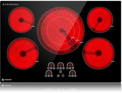 AMZCHEF Electric Cooktop 36 Inch,5 Burners Built-in Electric Stove Top,Max 9000W Ceramic Glass Countertop with Touch Control,9 Heating Level,Max 3000W Triple Zone,Safety Lock