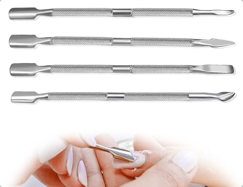 AOYEGIC Juego de 4 empujadores de cutículas,empujador de uñas de acero inoxidable,empujador de cutículas de doble cara,empujador de piel,raspador de esmalte de uñas,limpiador de uñas