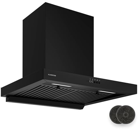 Klarstein AeroClean Cooker Hood - 60cm Wall Mounted Extractor, 721 m³/h Boost, A++ Energy, LED Lighting 3800-4200 K, Quiet 52 dB, Black, Exhaust & Charcoal Filters