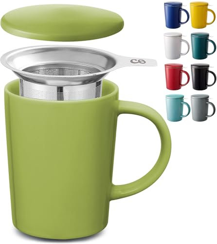 Cosumy Tea Cup with Infuser and Lid - 400ml Large - Ceramig Mug (Matcha Green)