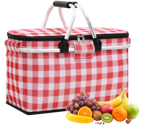 Shopping Basket Cooler Bag Insulated Picnic Basket, Premium Extra Large Cooling Cooler Cool Bag, Collapsible Lunch Bag Box, for Camping/Outdoor Activities/Family Travel/BBQ/Shopping (Red-White)