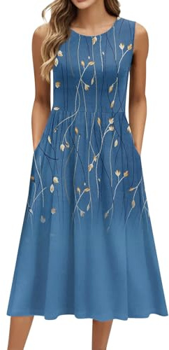 HSUAYEUD Summer Dresses for Women 2026 Crew Neck Sleeveless Dress Boho Beach Vacation Dress Floral Midi Dress with Pockets