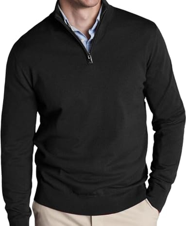 MATINEE Mens Fine Knitted Luxury Supersoft Cashmere-Like Crew Neck/V Neck/Zip Neck Sweaters, Fine 12 Gauge Knit Structure (UK, Alpha, M, Regular, Regular, Black 1, 1/2 Zip Neck)