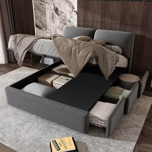 Laxnb 4ft6 Double Bed Ottoman Upholstered Bed Frame 135x190 cm with Underbed Storage and 3 Drawers, Hydraulic Storage Bed with Slats, Headboard with Soft Cushion, No Mattress, Velvet Grey