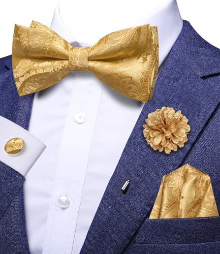 Hi-Tie Dark Gold Bow Ties for Men Silk Pre-tied Clip On Men's Bow Tie Adjustable Bowtie Flower Pin Pocket Square Cufflinks