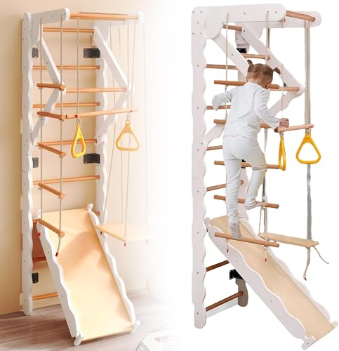SHAIRMB Indoor Wooden Climbing Scaffolding, Wooden Ladder Wall Set, Kids Stall Bars for Exercise, Espalier, Kids Slide, Rope Ladder, Trapeze Swing, Best Gym for All Family,Natürlich