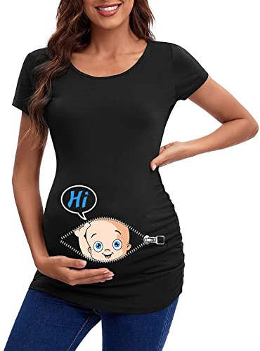 Maternity Fashion Top Summer Pregnant T-Shirts Short Sleeve T-Shirt Casual Pregnancy Clothing Funny Footprint Pregnant, black, M