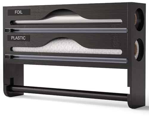 WYWY Dispensador De Papel Aluminio con Cortador, Distribuidor Cocina (Lámina+Papel Envasante+Papel Hornear) – Porta Toalla + Cortador(Black,3in1)
