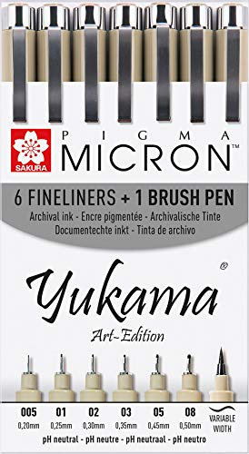 Yukama Sakura Pigma Art-Edition, 6 Pigma Micron Fineliner + 1 Pigma Brush Pinselstift, Schwarz