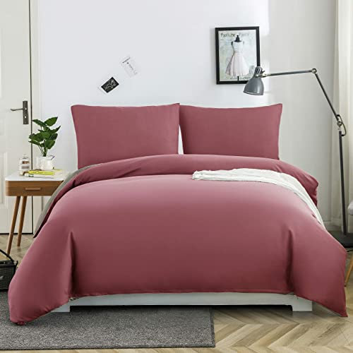 AYSW Bettwäsche gebürstet Microfaser 1 Bettbezug 200x200cm + 2 Kopfkissenbezug 80x80cm mit Reißverschluss Altrosa/Khaki