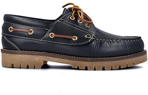 PAYMA - Scarpe da Barca Uomo Donna Bambino in Pelle Speciale Seahorse Oliata. Fatto in Spagna. 3 Occhielli Classici Stringata. Suola in Gomma. Colore: Blu Navy. Taglia EU 34