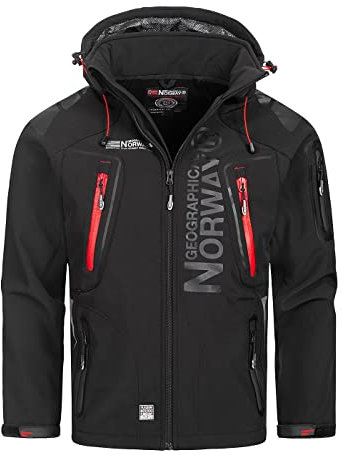 Geographical Norway Techno Men Distribrands - Chaqueta Softshell Impermeable Hombres - Capucha Hombre Transpirable Exteriores - Chaqueta Invierno Viento (Negro/Rojo 3XL)