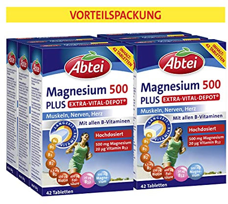 Abtei Magnesium 500 Plus Extra-Vital-Depot - für Muskeln, Nerven und Herz - mit 500 mg Magnesium und Vitamin B-Komplex - vegan - Vorratspackung mit (6 x 42 Tabletten), 252 Kapseln