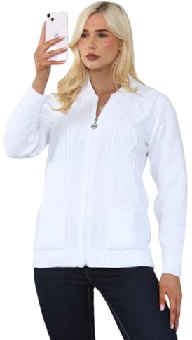 Candid Styles Womens Zipped Cable Knit Long Sleeve Zip Through Fasten Jumper Cardigan #White/UK 18-20