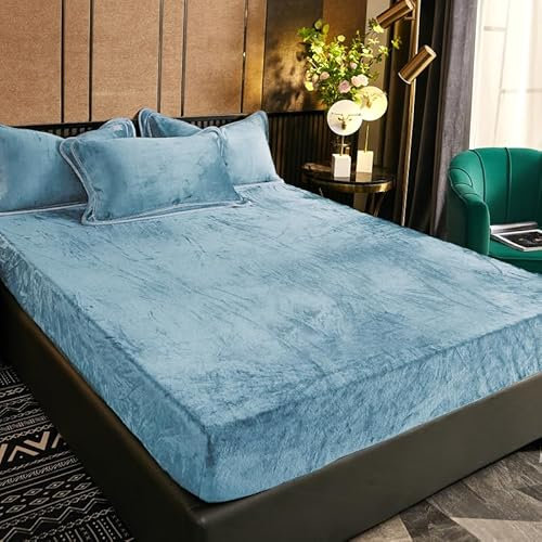 Luofanfei Winter Bettlaken 120x200 Hellblau Blau Samt Warme Plüsch Bettlaken Spannbetttuch Fleece Frottee Kuschelige Spannbetttücher Biber Uni Muster Leintuch für Boxspringbett Hohe Matratze