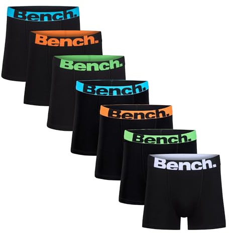 Bench Men's Diego Boxer Shorts Multipack, Black, Elasticated Logo Waistband, 7 Pack, Cotton Blend, Classic Fit, Comfortable Men's Underwear, Large