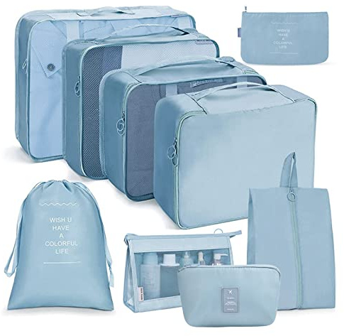 OSDUE Packing Cubes for Suitcases, 9PCS Travel Luggage Packing Organizers Waterproof Travel Essentials Bag Accessories Clothes Shoes Cosmetics Toiletries Storage Bags(Korean Blue)