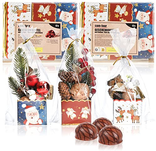 com-four® 24x Geschenkbeutel mit Faltbox, Tüte und Verschluss - Präsenttüten mit Pappuntersatz im Weihnachtsstil - Kunststofftütchen für Kekse und Pralinen