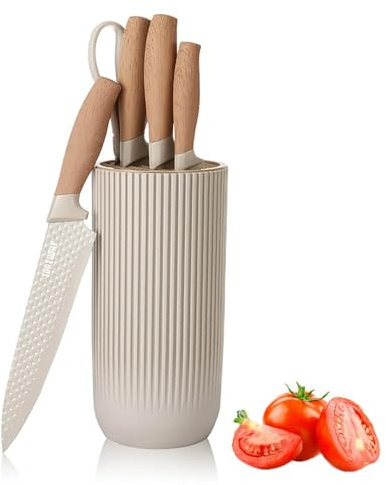 Knife Set, Wiztoynia 6-Piece Khaki Kitchen Knife Set for Home, Anti-Rust Non-stick Stainless Steel Sharp Chef Knife Sets with Universal Knife Block for Kitchen, Ergonomical Design (Khaki)