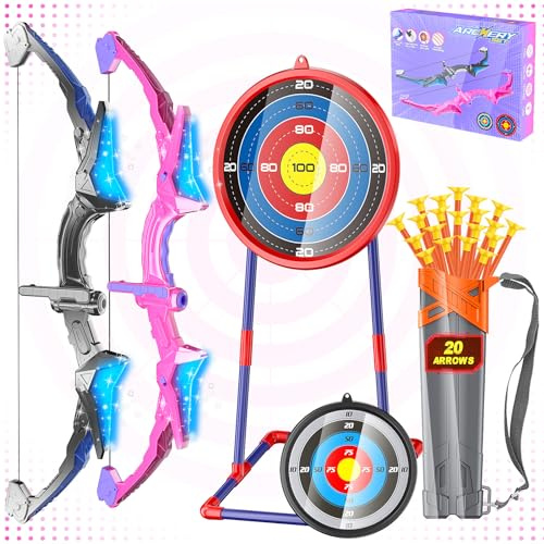 2 Pack Kids Bow and Arrow, 20 Suction Cup Arrows, 2 Archery Targets&Quiver, Light-up Set for Kids Ages 4-8 8-12, Indoor Outdoor Toys for Boys Girls, Ideal Christmas and Birthday Gift