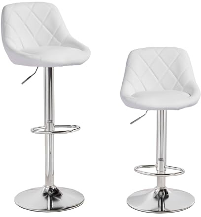 Panana Lot de 2 Tabourets de Bar, Chaises Haut, Hauteur Réglable, Revêtement en PU, Rotatif sur 360°, avec Dossier et Repose-Pieds, Pied Chromé, 39 cm (L) x 38 cm (l) x 89-109 cm (H) (Blanc)